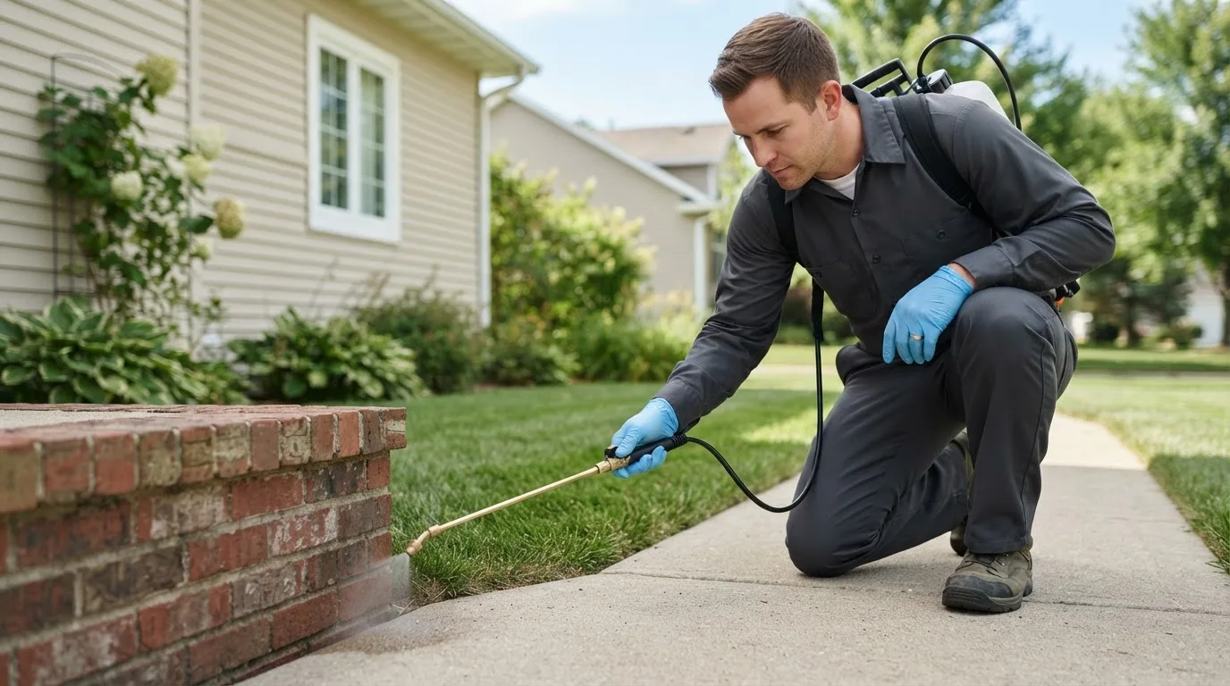 Pest control technician treating a home near Alexandria, MN